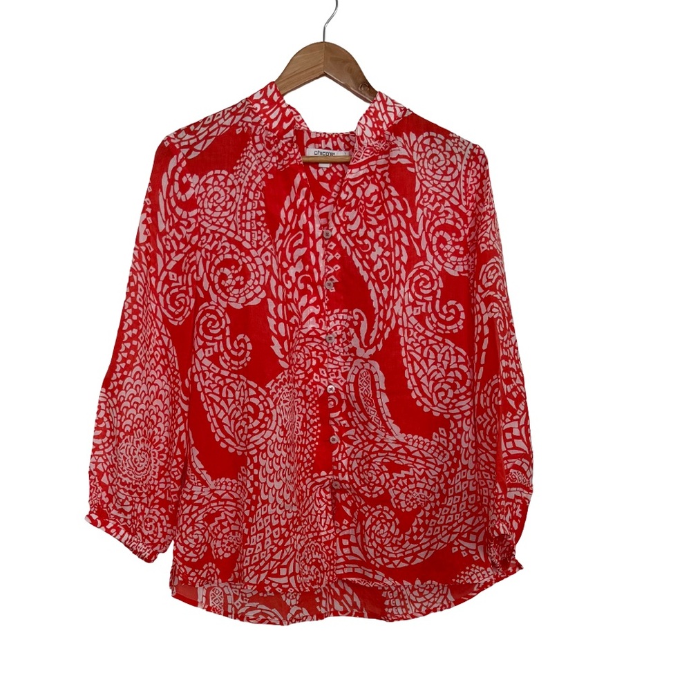 Chico's White and Orange Graphic 3/4 Sleeve Blouse